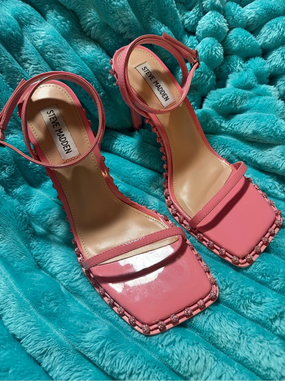 Steve Madden Pink Studded Square-Toe Ankle-Strap Heels - Picture 2 of 4